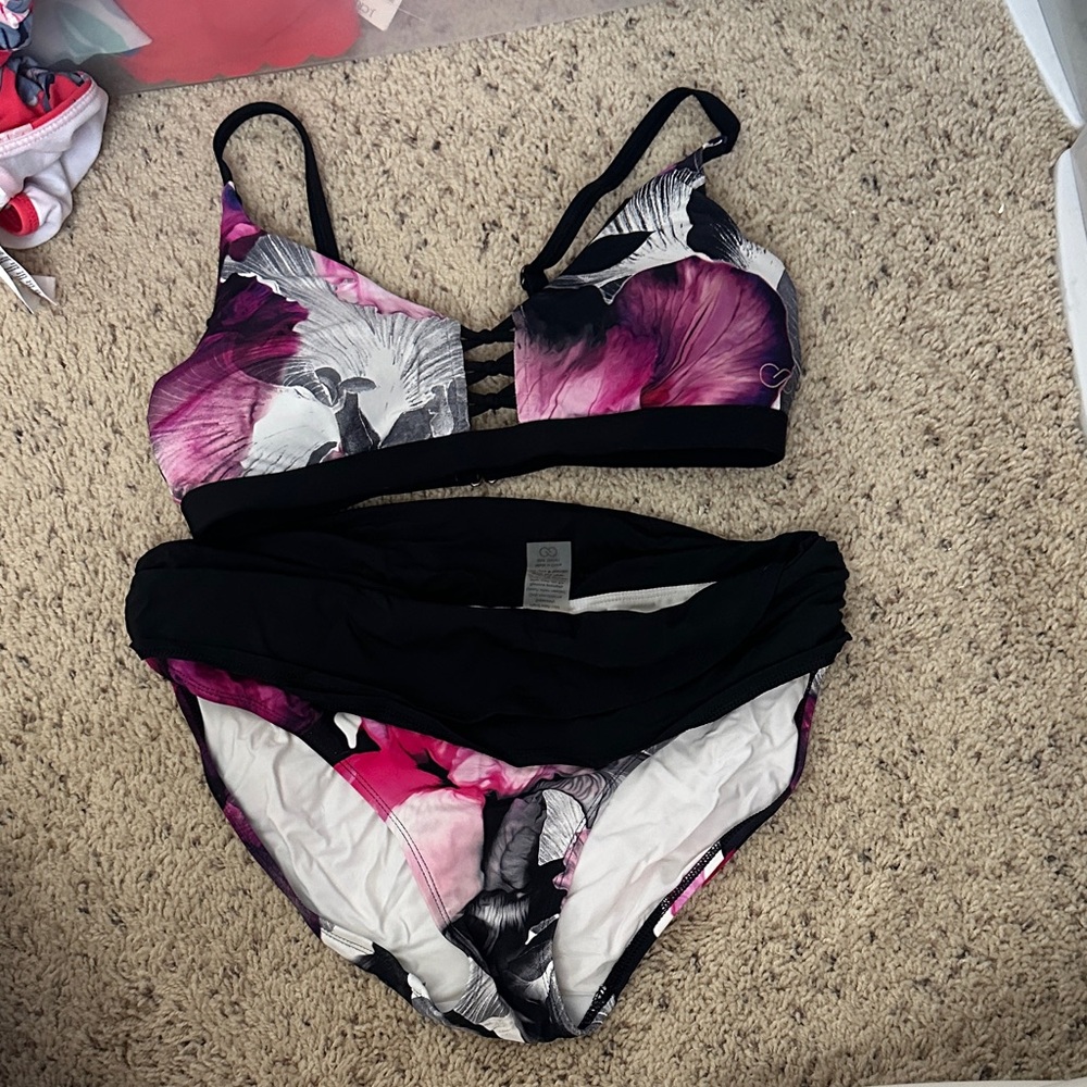 CALIA by Carrie Underwood Floral Bikini Set in Black and Purple/Pink